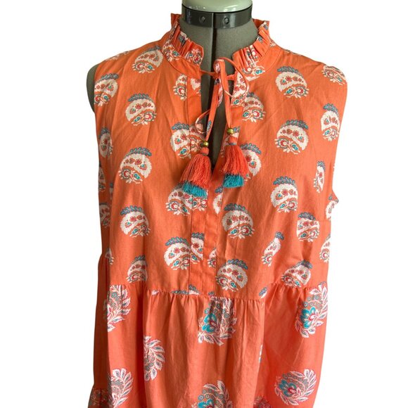 Crown & Ivy Sleeveless Tiered Coral Dress With Tassel Ties L 100% Cotton Made In - Picture 2 of 9